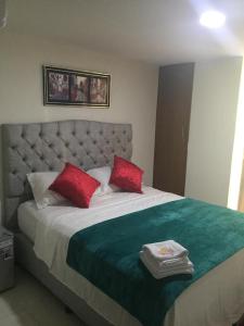 1 dormitorio con 1 cama grande y 2 almohadas rojas en Hotel Atardecer Guajiro, en Ríohacha