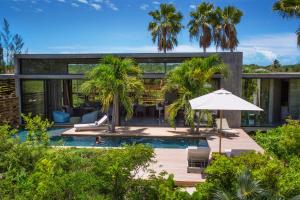 a house with a pool and palm trees at Villa Islander in Providenciales