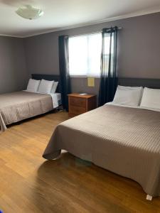 1 dormitorio con 2 camas y ventana en Exploits Inn and Suites, en Botwood