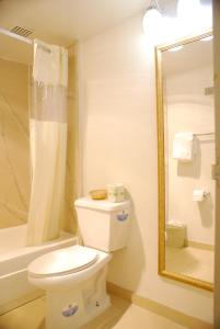a white bathroom with a toilet and a shower at Days Inn by Wyndham Arlington Pentagon in Arlington