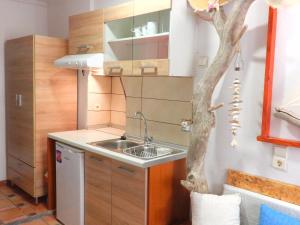 a small kitchen with a sink and a tree in it at Sailor's small studio in Corfu
