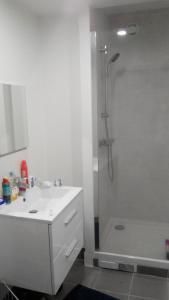 La salle de bains est pourvue d'un lavabo blanc et d'une douche. dans l'établissement CHAMBRE INDIVIDUELLE CHEZ SANDRINE A 20 min des Portes de PARIS, à Saint-Gratien