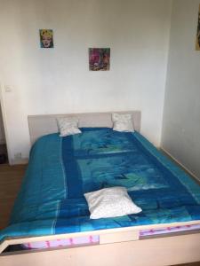 - un lit avec une couette bleue dans une chambre dans l'établissement CHAMBRE INDIVIDUELLE CHEZ SANDRINE A 20 min des Portes de PARIS, à Saint-Gratien