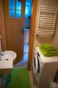 een badkamer met een wasmachine en een wastafel bij Apartamenty Tercet, Apartament Kwartet, Apartament DUO in Ustka