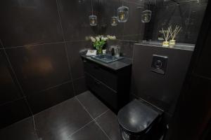 a black bathroom with a sink and a toilet at Jacuzzi Suite in Gdańsk