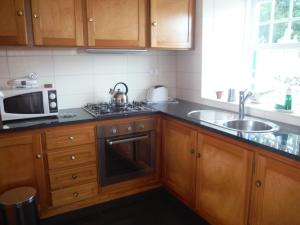 cocina con armarios de madera, microondas y fregadero en Quinta Da Ribeira Da Urze, en Prainha de Cima