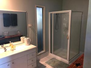 La salle de bains est pourvue d'une douche et d'un lavabo. dans l'établissement Mission Beach Escape BnB, à South Mission Beach