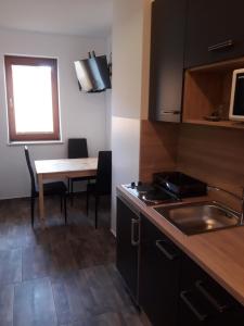 a kitchen with a sink and a table with chairs at Simnovi apartmaji - surrounded by nature in Kamnik