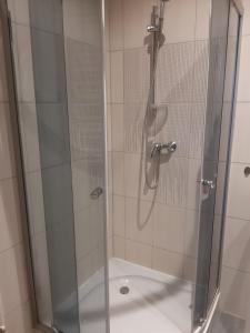 a bathroom with a shower with a glass door at Apartament u Basi in Gdańsk