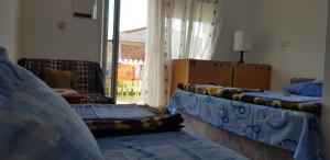 a living room with two beds and a window at Apartments Draga in Budva