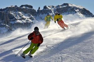 three people are skiing down a snow covered mountain at ALTE SEKTION und Alpenblick in Flums