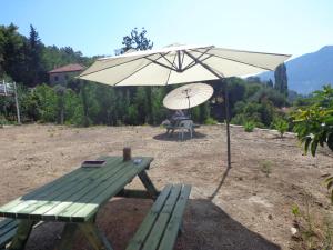 een picknicktafel met een paraplu naast een picknicktafel sidx sidx bij Farmhill in Yeniceköy