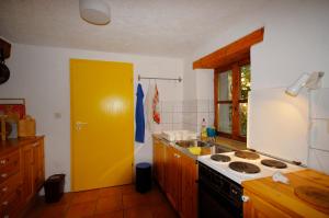 een keuken met een wastafel en een gele deur bij Nature house Jasenka in Nova Vas