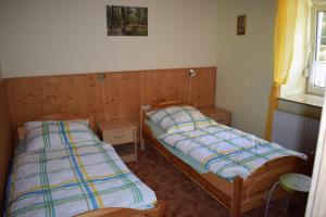 1 Schlafzimmer mit 2 Betten und einem Fenster in der Unterkunft Ferienwohnung Waldmühle in Saupsdorf