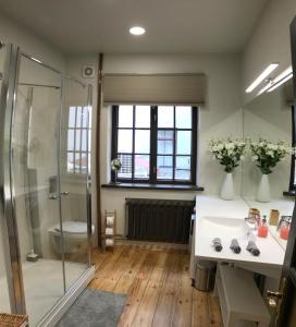 a bathroom with a shower and a sink and a toilet at Doma square apartment 2, in the heart of Old town in Riga