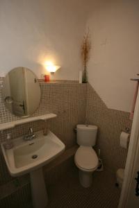 a bathroom with a sink and a toilet and a mirror at Mas des Tours Chambre d'hôtes in Tornac