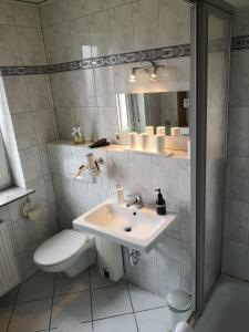 bagno con lavandino, servizi igienici e specchio di Ferienwohnung Menden a Menden