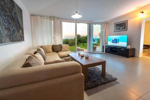 a living room with a couch and a table and a tv at Danubio Residence in Aljmaš