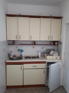 una cucina con armadi bianchi, lavandino e frigorifero di Vila Stojana a Sutomore