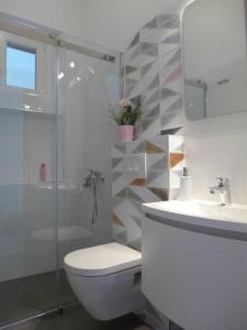 uma casa de banho com um chuveiro, um WC e um lavatório. em Apartment Mari - 30 m from sea em Sumartin