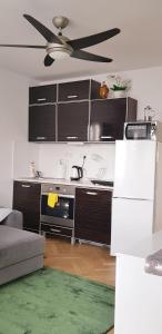 een keuken met zwarte kasten en een plafondventilator bij DELUXE PAŃSKA APARTMENTS in Warschau