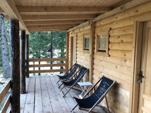 2 chaises assises sur la terrasse couverte d'une cabane en rondins dans l'établissement Triangle Woodhouse, à Plav