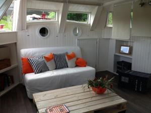 ein Wohnzimmer mit einem Sofa und einem Couchtisch in der Unterkunft Péniche Nidd in Dannemarie