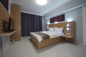 um quarto de hotel com uma cama e uma televisão em ASIA Hotel em Almaty
