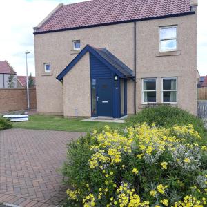 a house with a blue door and some yellow flowers at The View, 22 School Park in Kingsbarns