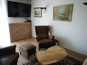 sala de estar con 2 sillas y TV en Holiday House Red Deer en Preddvor