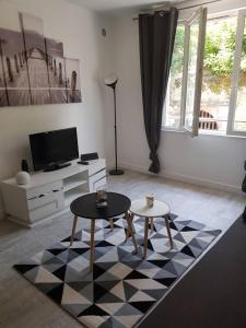 a living room with a black and white checkered rug at Le cosy d’Amboise in Amboise