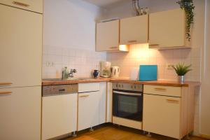 a small kitchen with white cabinets and a sink at Ferienhof Uckermark am Oberuckersee in Suckow