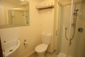 a bathroom with a toilet and a sink and a shower at The Grand Hotel Wanganui in Whanganui