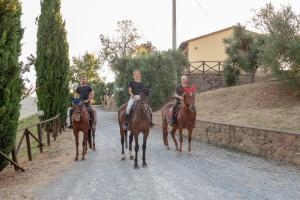 Trzy osoby jeżdżące konno po polnej drodze w obiekcie Agriturismo Poggio del Pero w mieście Panicale