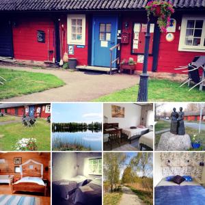 een collage van foto's van verschillende huizen bij STF Långasjö Vandrarhem in Långasjö