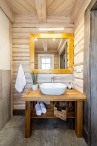 a bathroom with a sink and a mirror at CHATA POD PRZEHYBĄ in Stary Sącz