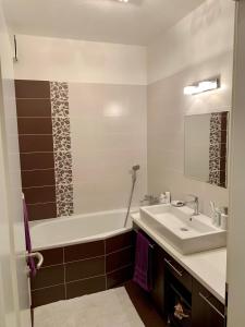 a bathroom with a bath tub and a sink at Cozy, beautiful view - 1 stop by train to old town in Bratislava