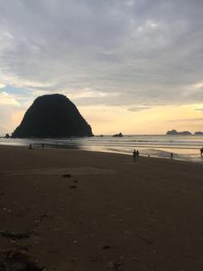 a group of people walking on the beach at sunset at Red island villas in Banyuwangi