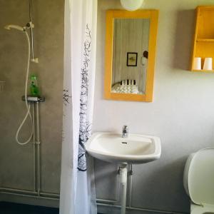 uma casa de banho com um lavatório e um espelho em Furudals Bruk em Furudals Bruk
