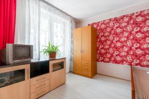 a living room with a tv and a red floral wall at RentWill CROCUS 246 in Krasnogorsk