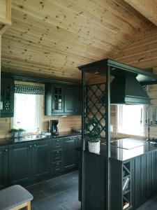 a kitchen with a stove top oven and a sink at Fauske Camping & Motel in Fauske