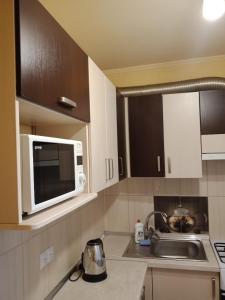 a kitchen with a sink and a microwave at 2 к квартира между двумя станциями метро Студенческая и Академика Павлова in Kharkiv +2 photos