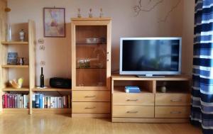 a entertainment center with a television and a book shelf at Ferienwohnung Sonja in Edeldorf