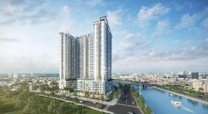 a rendering of a tall building next to a river at DOWNTOWN#Luxury Studio1BR #Pool 16th in Ho Chi Minh City