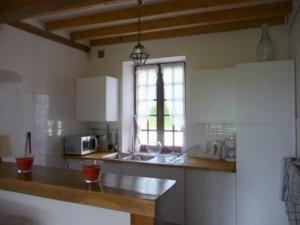 eine Küche mit einer Spüle und einer Arbeitsplatte in der Unterkunft Gite Des Etangs in Paulnay