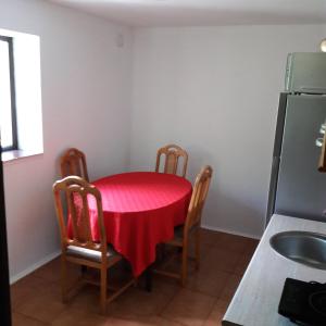 コルベニにあるCasa Transfagarasanのキッチン(赤いテーブル、椅子、冷蔵庫付)