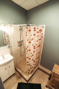 La salle de bains est pourvue d'une douche et d'un lavabo. dans l'établissement 40 Saules, à Ventspils