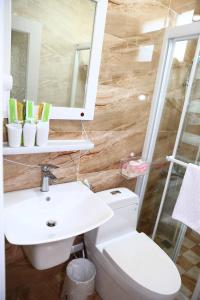 a bathroom with a toilet and a sink and a mirror at 500Km Home in Hualien City