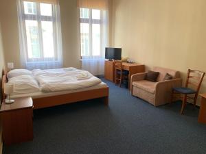 1 dormitorio con cama, silla y escritorio en Lázeňský dům Florentini en Teplice