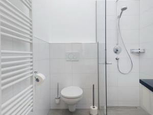 a white bathroom with a toilet and a shower at Thurnbach - Top Level Apartments in Aschau